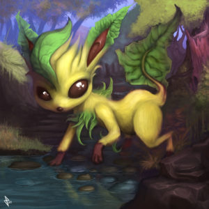 Leafeon on the banks of a stream