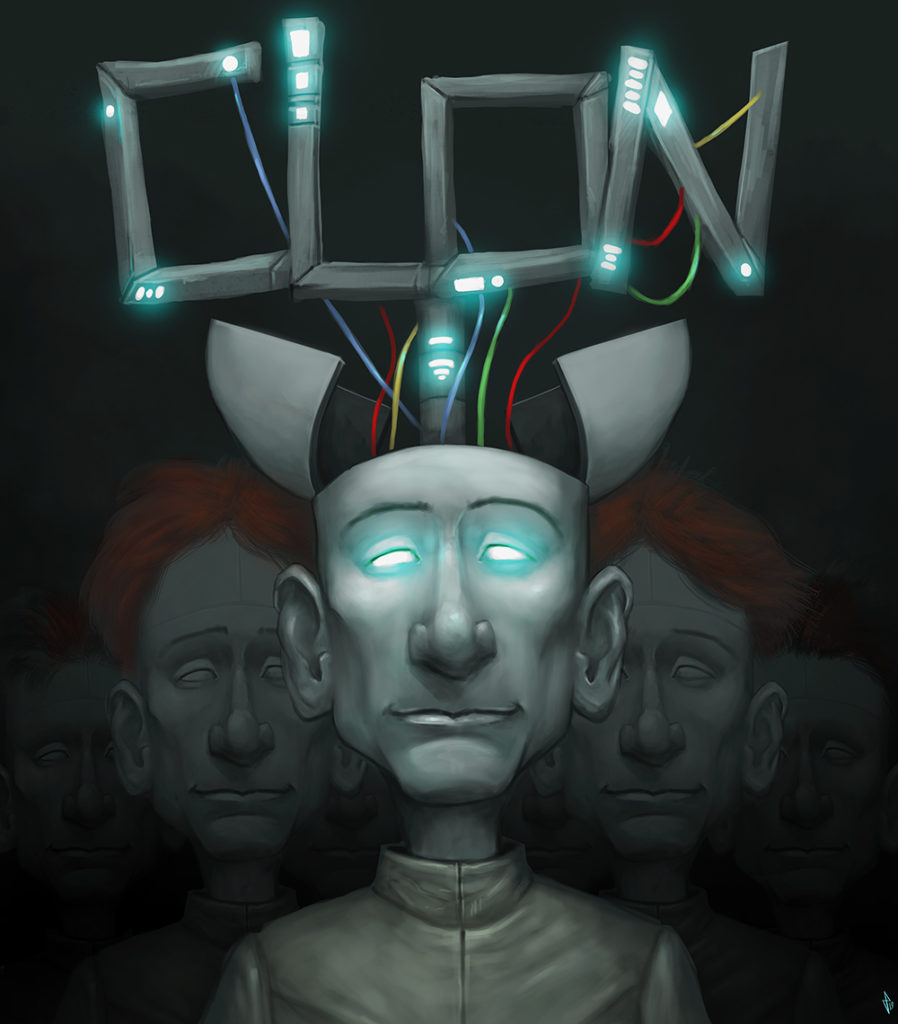 CLON zine cover featuring a robot clown, out of many, faded in the background.