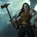 Half Orc Fighter with two hammers with a rocky background