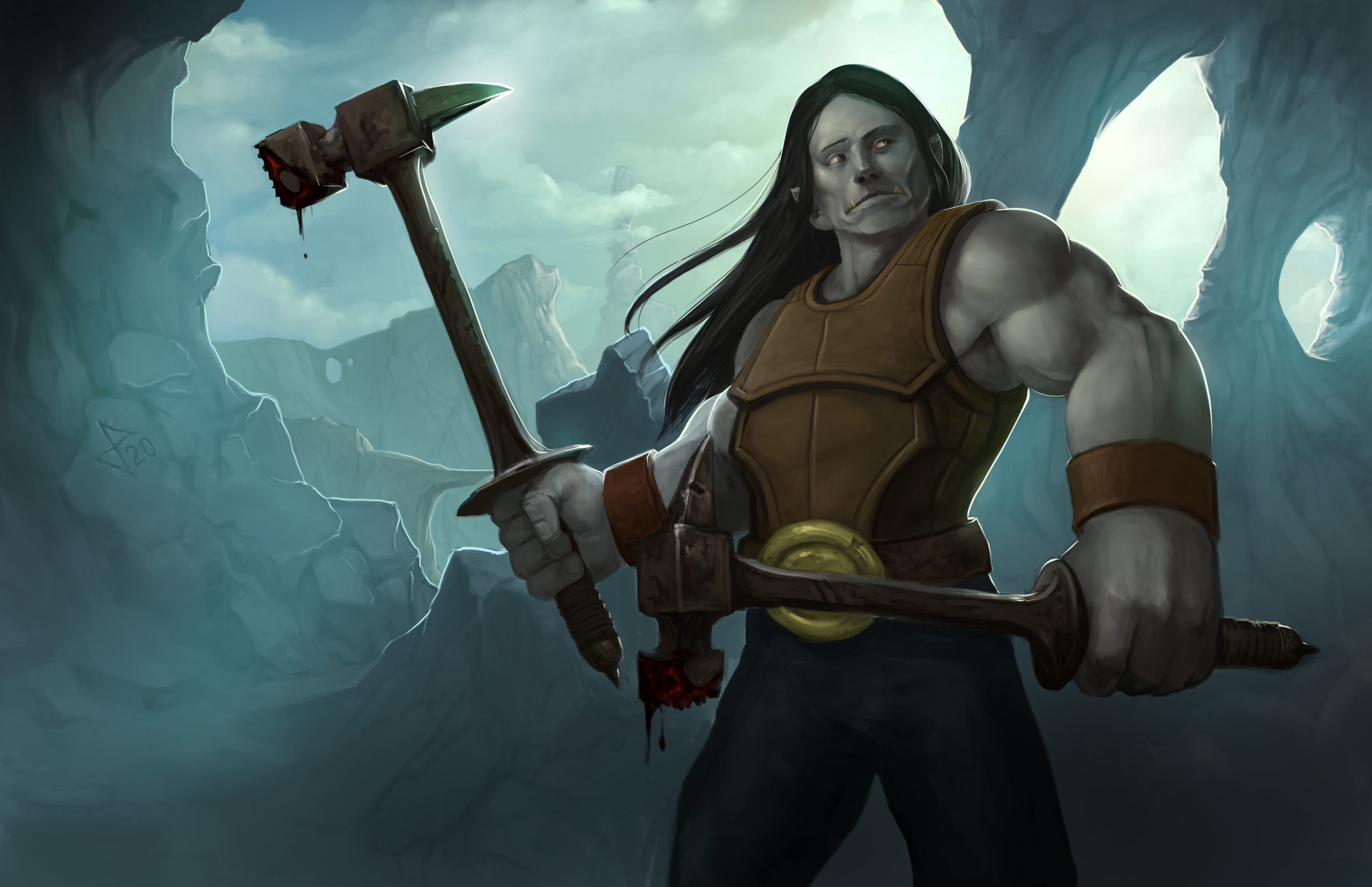 Half Orc Fighter with two hammers with a rocky background