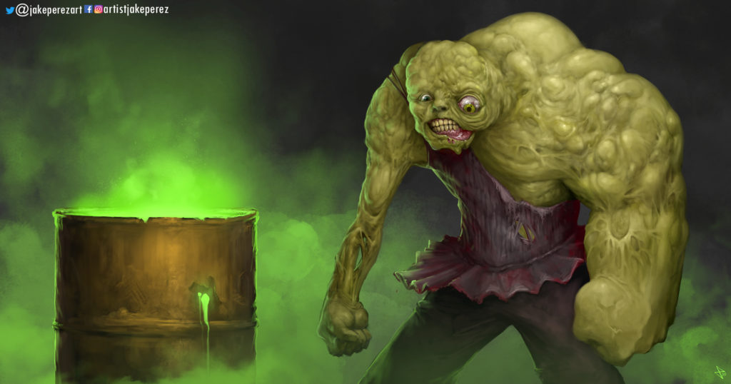 The Toxic Avenger, Tromaville's hideously deformed creature of superhuman size and strength next to a barrel of toxic waste.