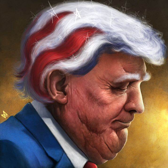 President Donald Trump with red, white and blue hair.